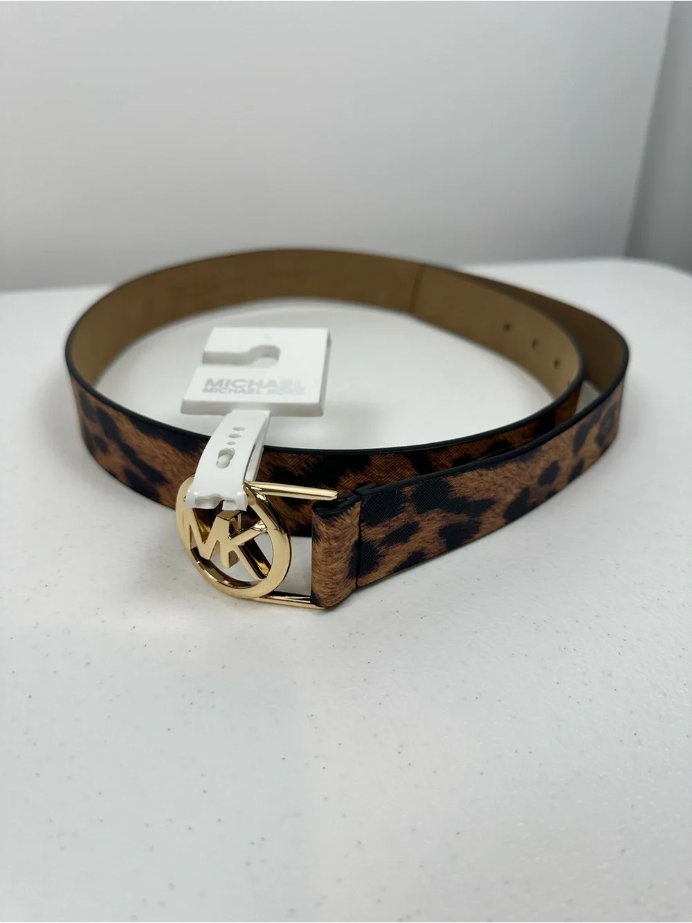 MICHAEL KORS WOMEN LEATHER BELT MK LOGO GOLD BUCKLE‎ CHEETAH LEOPARD PRINT Sz L